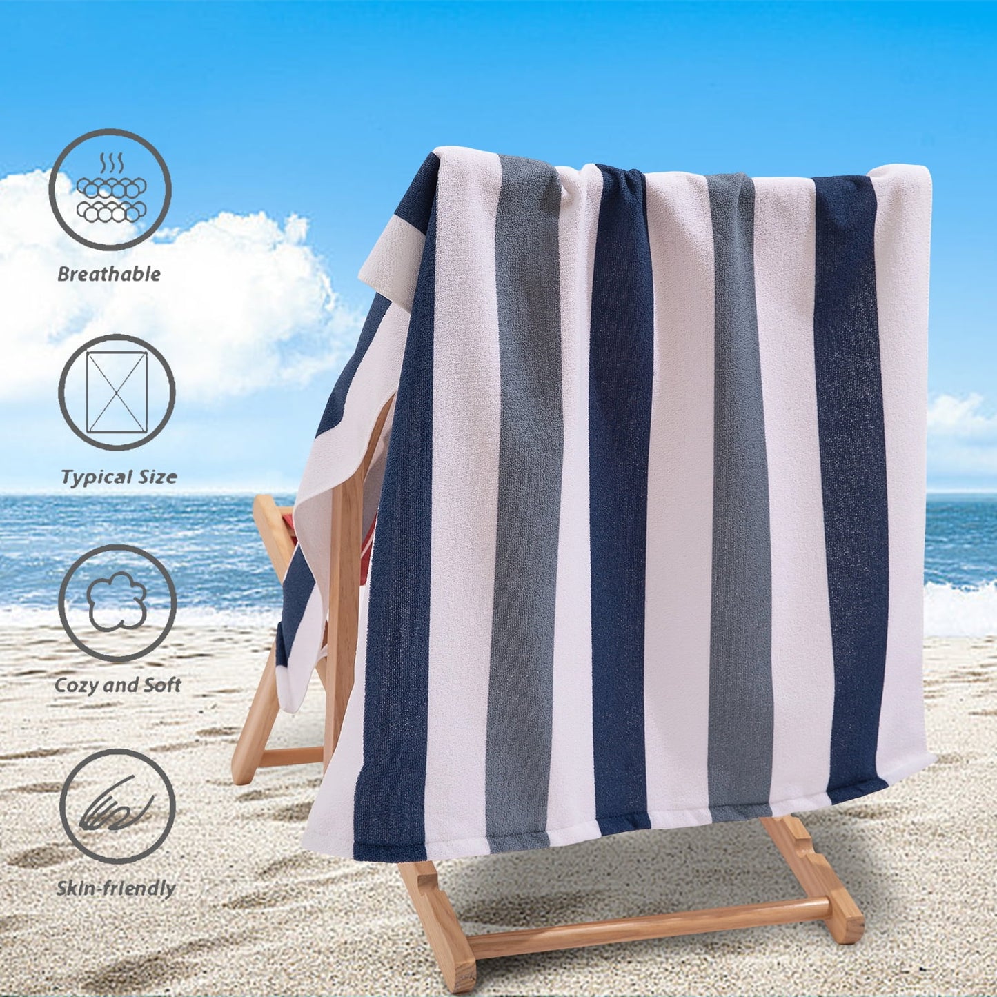 4 Pack Oversized Cabana Stripe Beach Towels, 60X30 Inches Microfiber Lightweight Outdoor Large Swim Towel for Adults (Navy Gray)