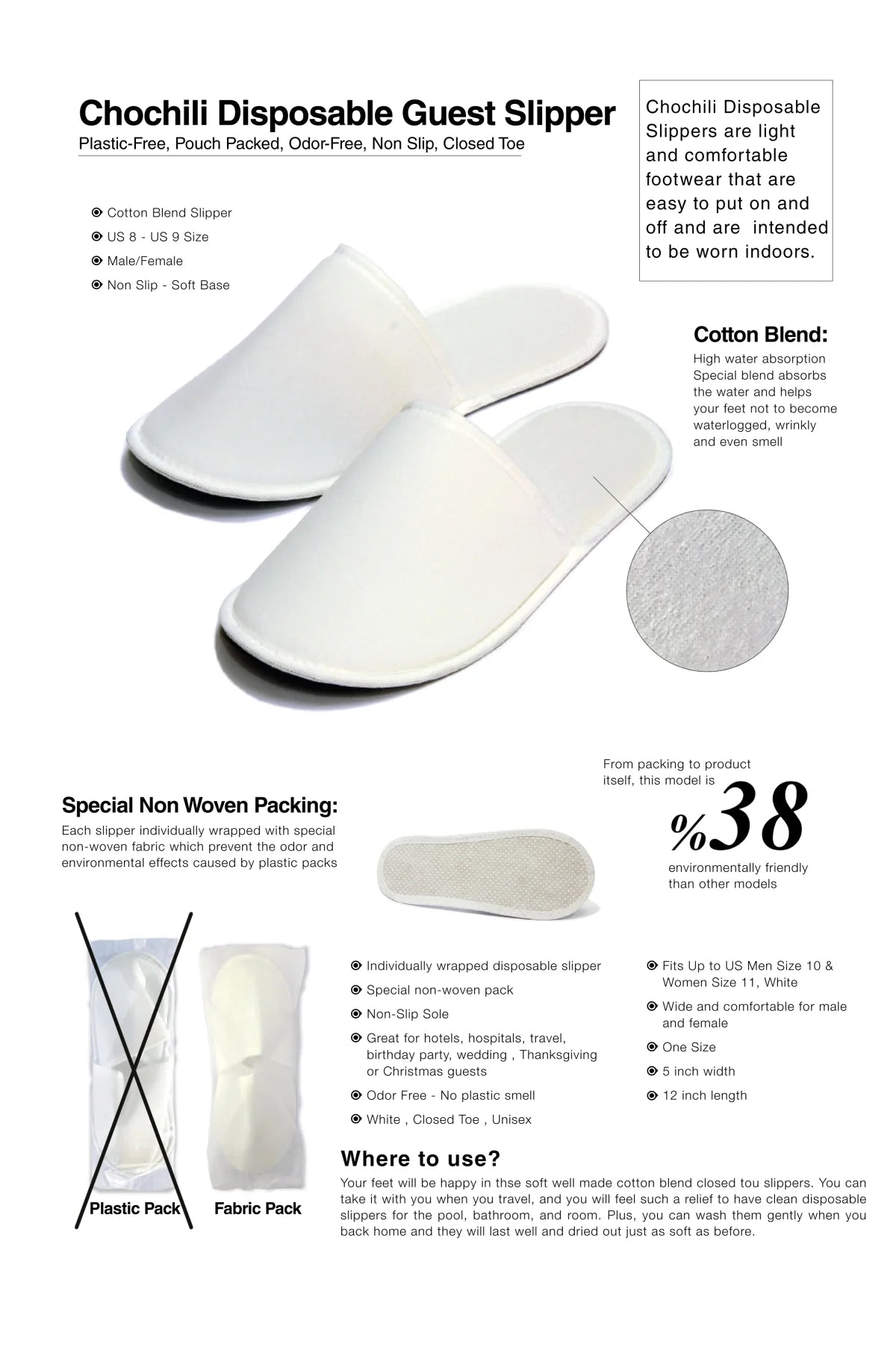 Fabric Packed Terry Cotton Disposable Hotel Slippers for Airbnb Spa Wedding Guests Adult Men Women Size 10-11, White