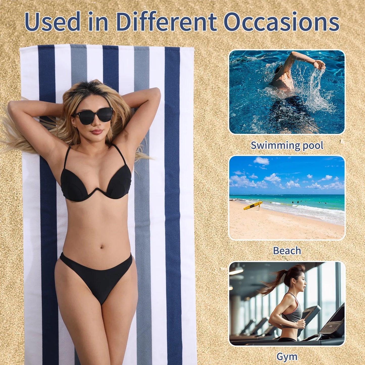 4 Pack Oversized Cabana Stripe Beach Towels, 60X30 Inches Microfiber Lightweight Outdoor Large Swim Towel for Adults (Navy Gray)