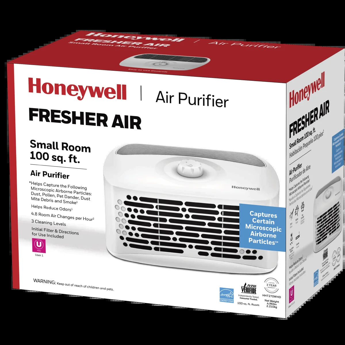 Air Purifier, HHT270, 100 Sq Ft, U Carbon Filter, Allergen, Smoke, Pollen, Dust Reducer
