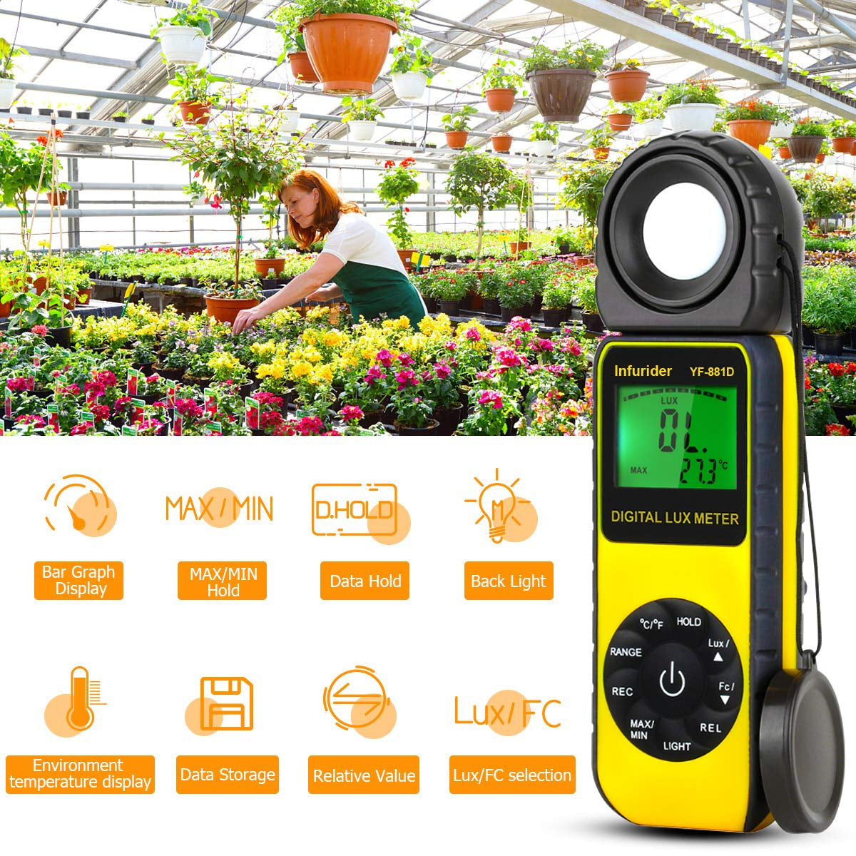 Light Meter Lux Meter YF-881D, Digital Illuminance Meter with Ambient Temp and Lighting Measures to 400,000 Lux, Foot Candle Meter Photometer for Photography LED Plant Growing