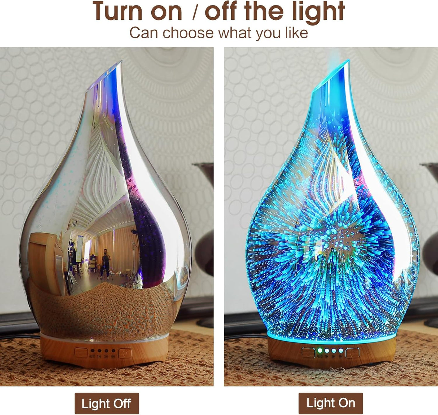 280Ml Essential Oil Diffuser 3D Hand-Blown Glass Aroma Diffusor, Aromatherapy Unltrasonic Cool Mist Deffuser, 7 Color Changing Humidifier, Waterless Shut-Off, Timer Function for Home Office
