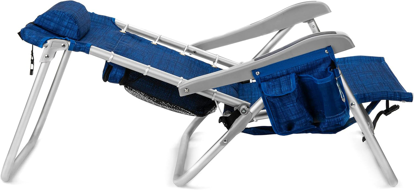 Backpack Fold-Up Beach Chair, 5 Positions, Towel Bar, Cooler, Storage Pouch, Cup Holder and Phone Pocket