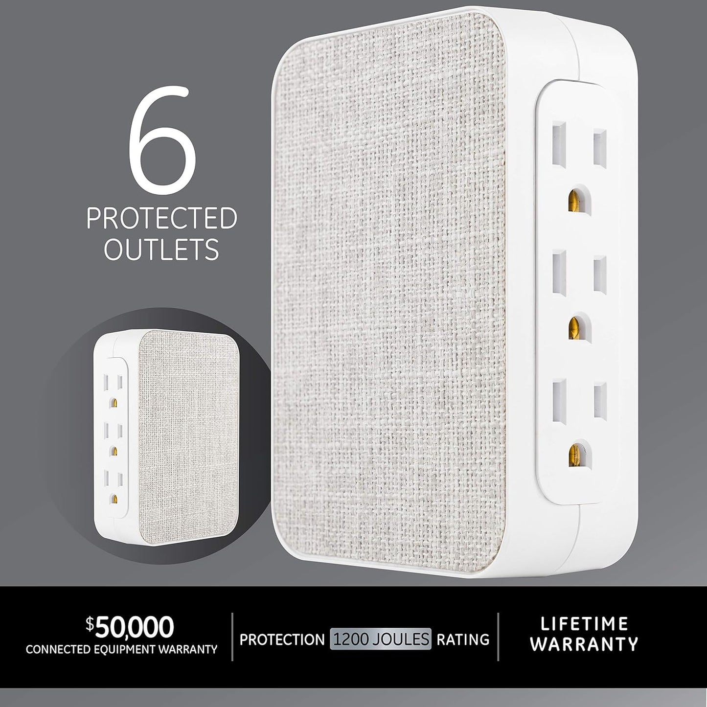 6-Outlet Extender Sur Protector 2 Pack, Side Access, 1200 Joules, Wall Tap Adapter, 3-Prong, UL Listed, Gray Fabric, 56213