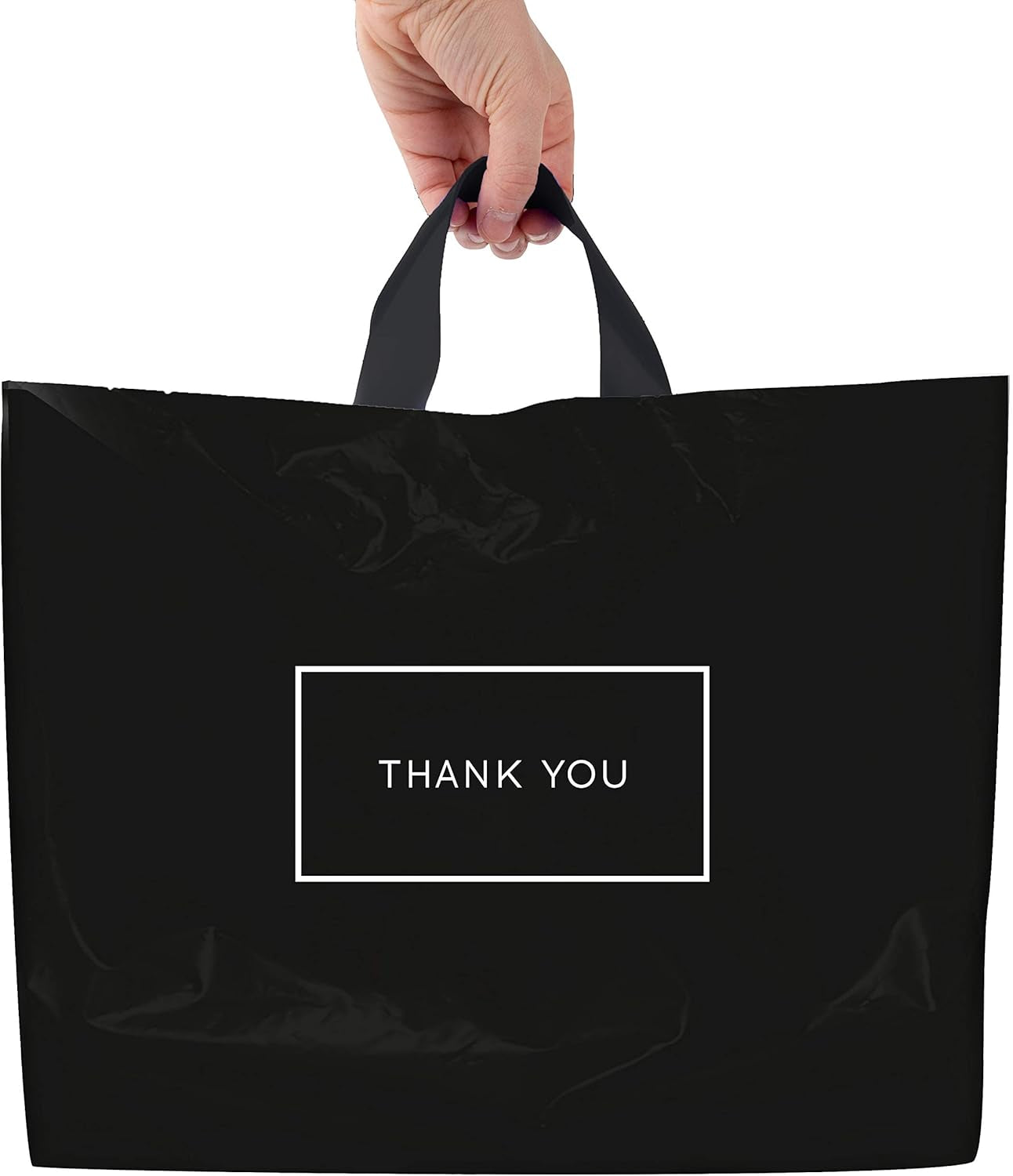 Thank You Bags for Business Black Plastic Bags 50 Pack with Soft Loop Handle Thank You Shopping Bags