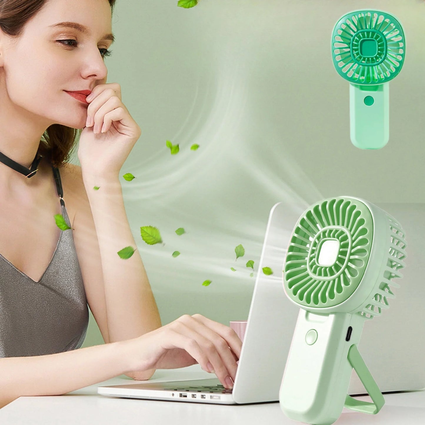 Summer Fan Portable Air Conditioners Fan Outdoor Air Condioner Usb Rechargeable Small Ceiling Fan, for Home Office Bedroom Desktop Fan (Green)