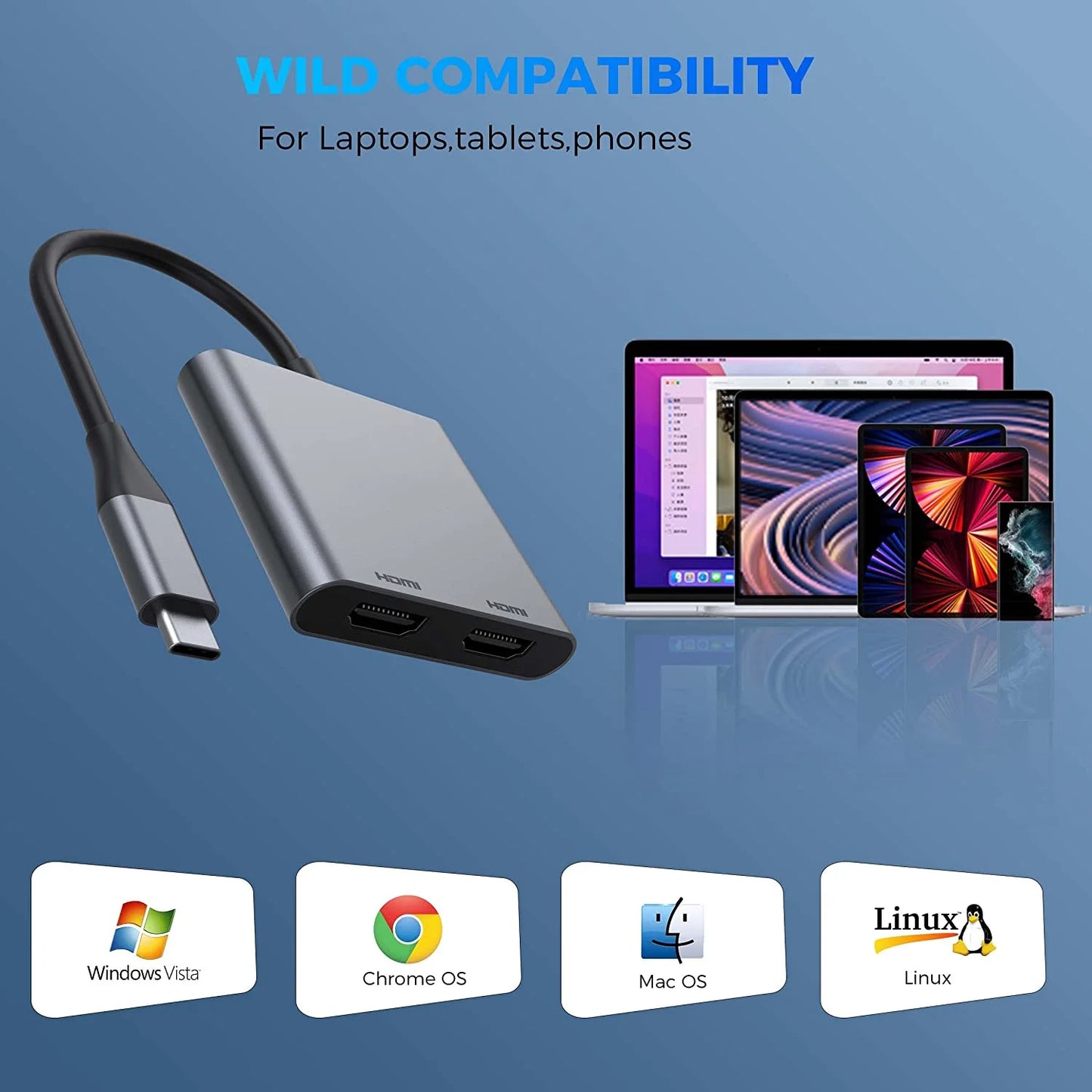 USB C to Dual HDMI Adapter, 2 in 1 USB C Dual HDMI Monitor Adapter 4K@60Hz,Usb C Hub to 2 HDMI Splitter Dual Monitors Adapter for Macbook/Chromebook Pixel/Lenovo/Surface
