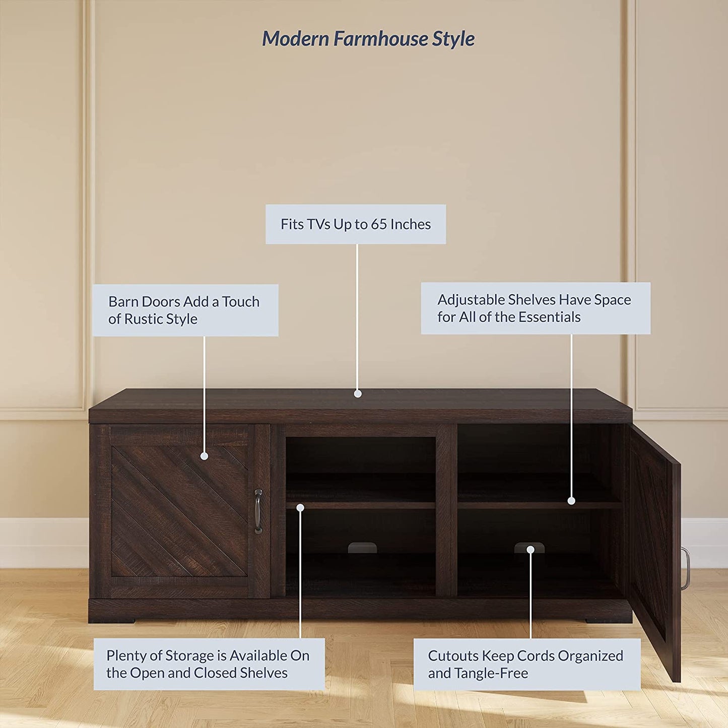 Modern 58 Inch Farmhouse TV Stand & Media Entertainment Center Console Table for Tvs up to 65 Inch with Two Shelves and Storage Cabinets - Hilo (Espresso)