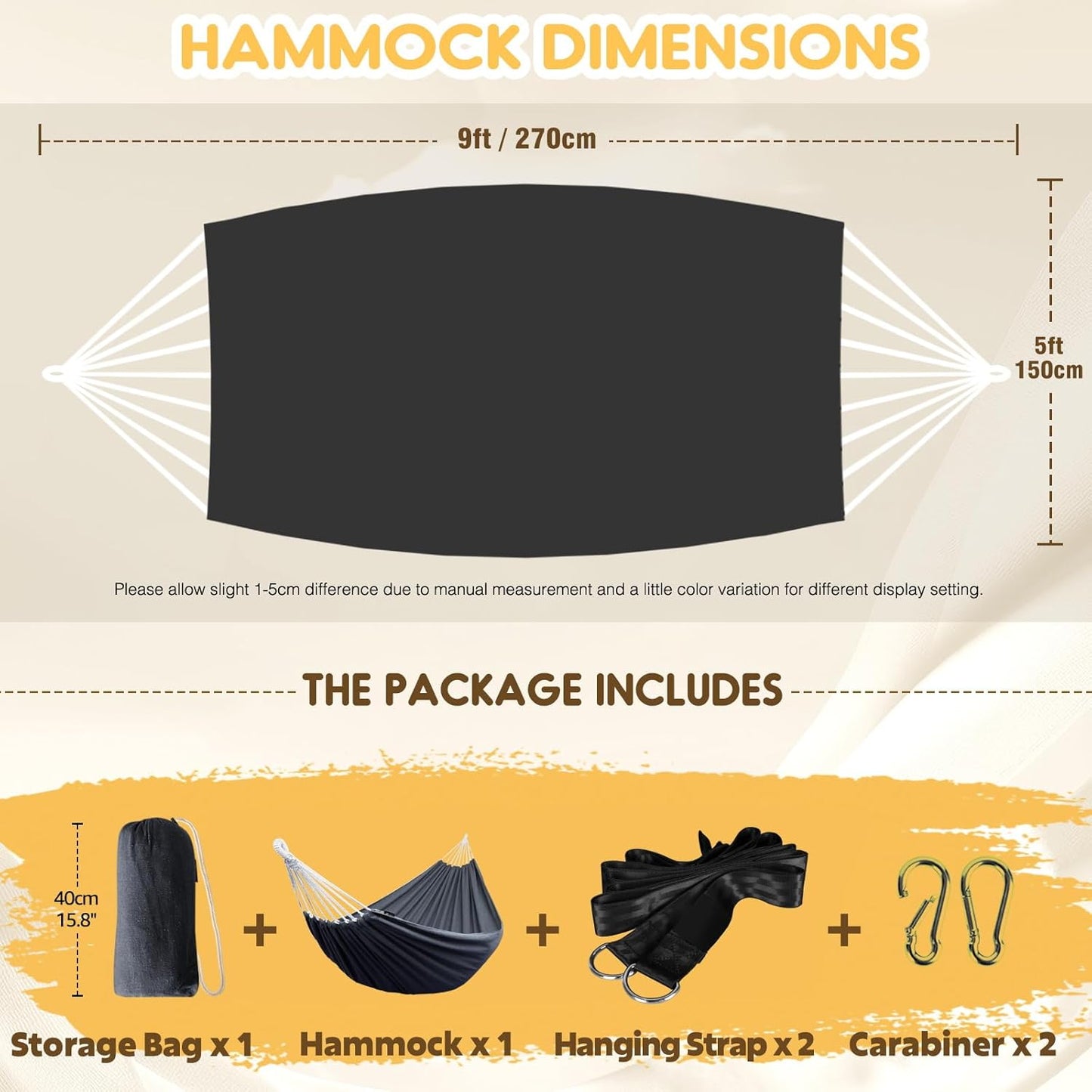 Cotton Hammock Portable Camping Hammocks for Hanging Sturdy Garden Comfortable Fabric Hammock with Tree Straps up to 660Lbs with Travel Bag for Camping Outdoor/Indoor Patio Backyard