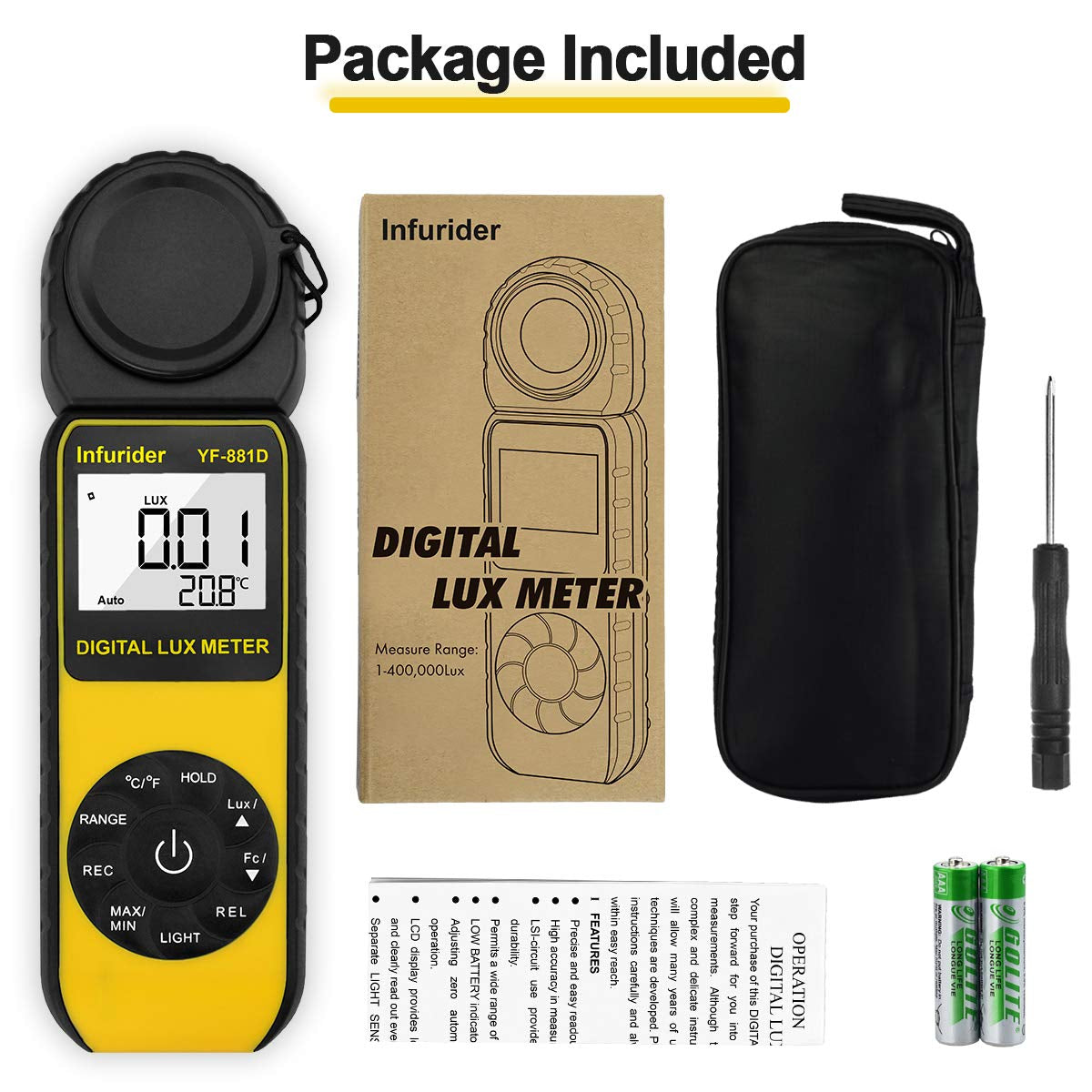 Light Meter Lux Meter YF-881D, Digital Illuminance Meter with Ambient Temp and Lighting Measures to 400,000 Lux, Foot Candle Meter Photometer for Photography LED Plant Growing