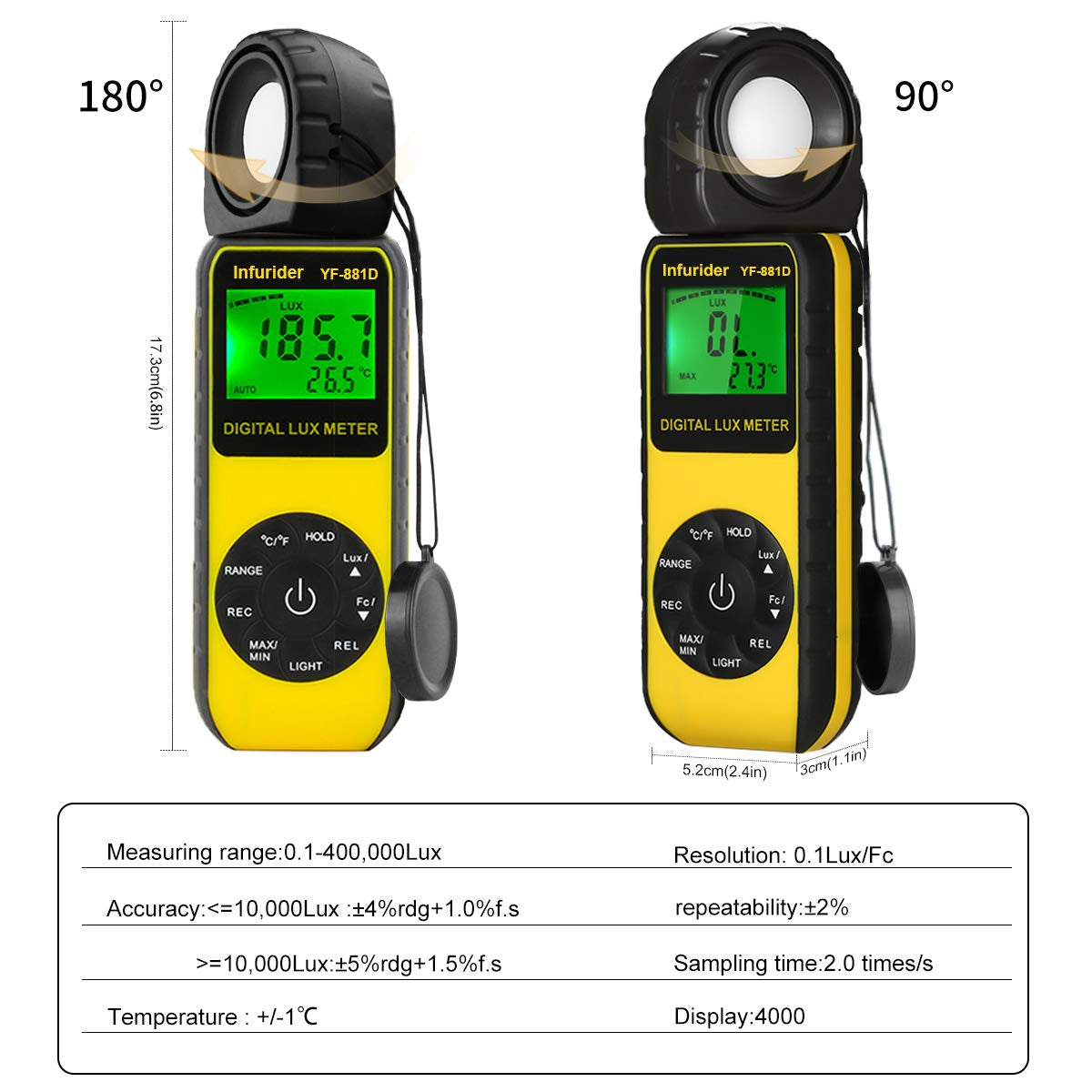 Light Meter Lux Meter YF-881D, Digital Illuminance Meter with Ambient Temp and Lighting Measures to 400,000 Lux, Foot Candle Meter Photometer for Photography LED Plant Growing