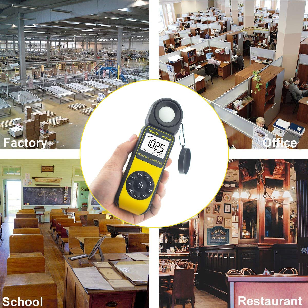 Light Meter Lux Meter YF-881D, Digital Illuminance Meter with Ambient Temp and Lighting Measures to 400,000 Lux, Foot Candle Meter Photometer for Photography LED Plant Growing