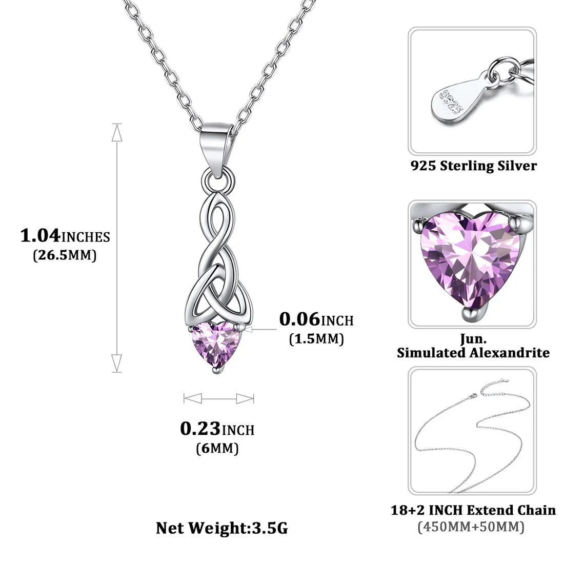 925 Sterling Silver Love Heart Necklaces Celtic Trinity Knot with Birthstones Pendant Necklace for Women Christmas Gift for Her