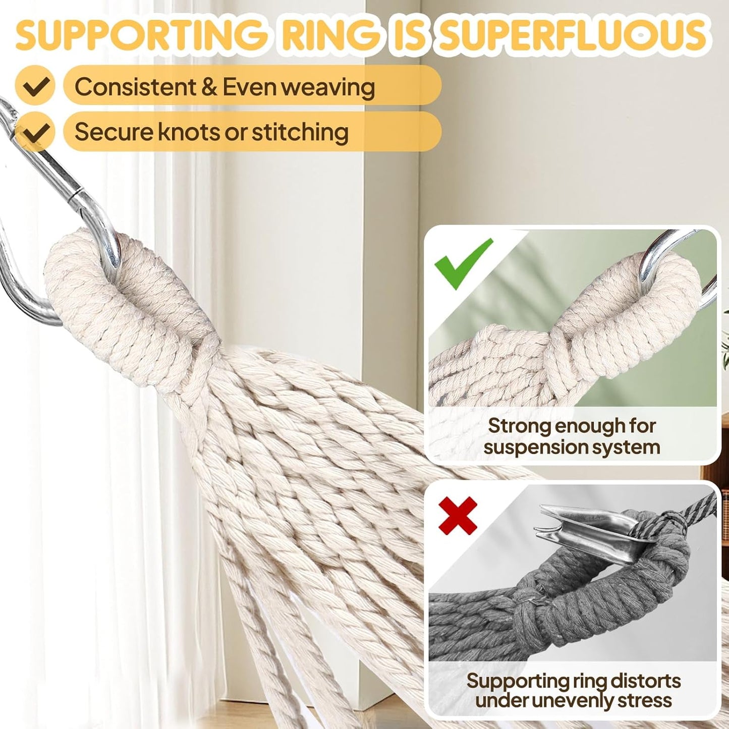 Cotton Hammock Portable Camping Hammocks for Hanging Sturdy Garden Comfortable Fabric Hammock with Tree Straps up to 660Lbs with Travel Bag for Camping Outdoor/Indoor Patio Backyard