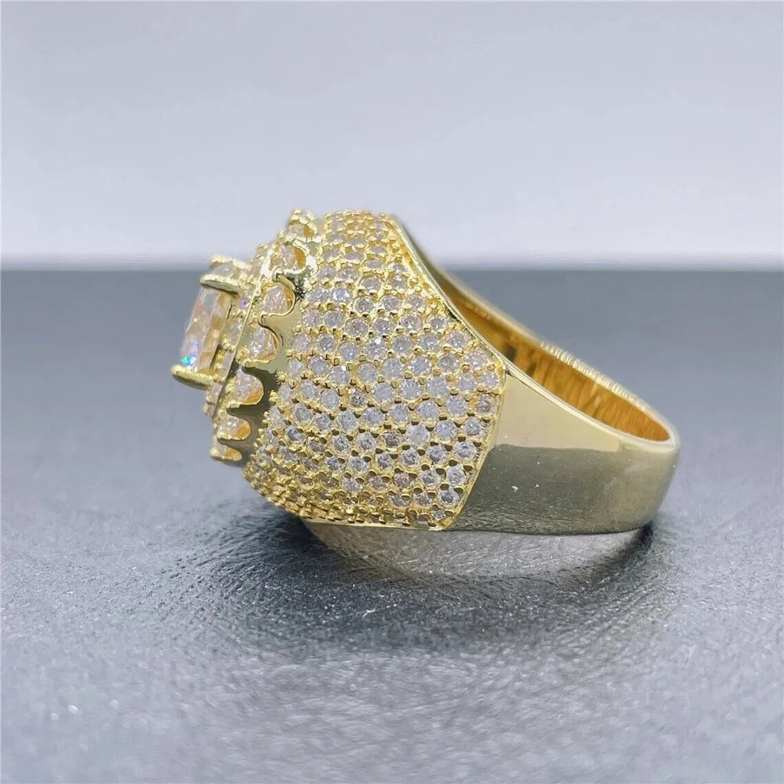5Ct round Cut Moissanite Men Out Hip Hop Ring 14K Yellow Gold Plated