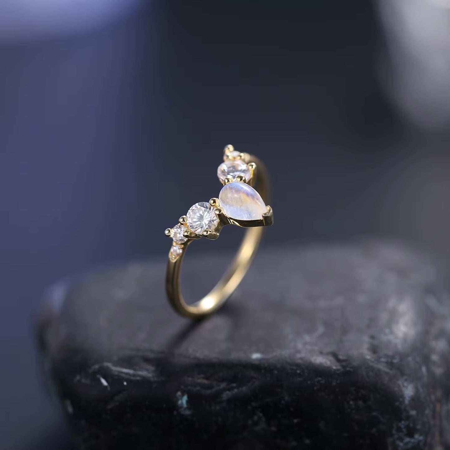 June Birthstone Natural Rainbow Moonstone Wedding Band Rings 925 Sterling Silver V Shape Chevron Gold Ring