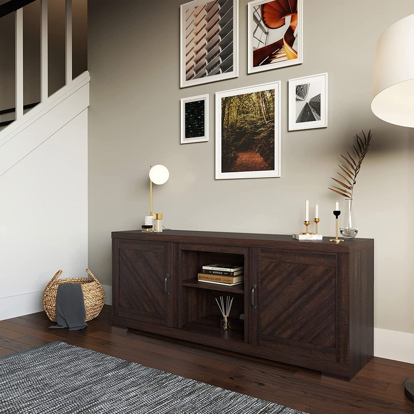 Modern 58 Inch Farmhouse TV Stand & Media Entertainment Center Console Table for Tvs up to 65 Inch with Two Shelves and Storage Cabinets - Hilo (Espresso)