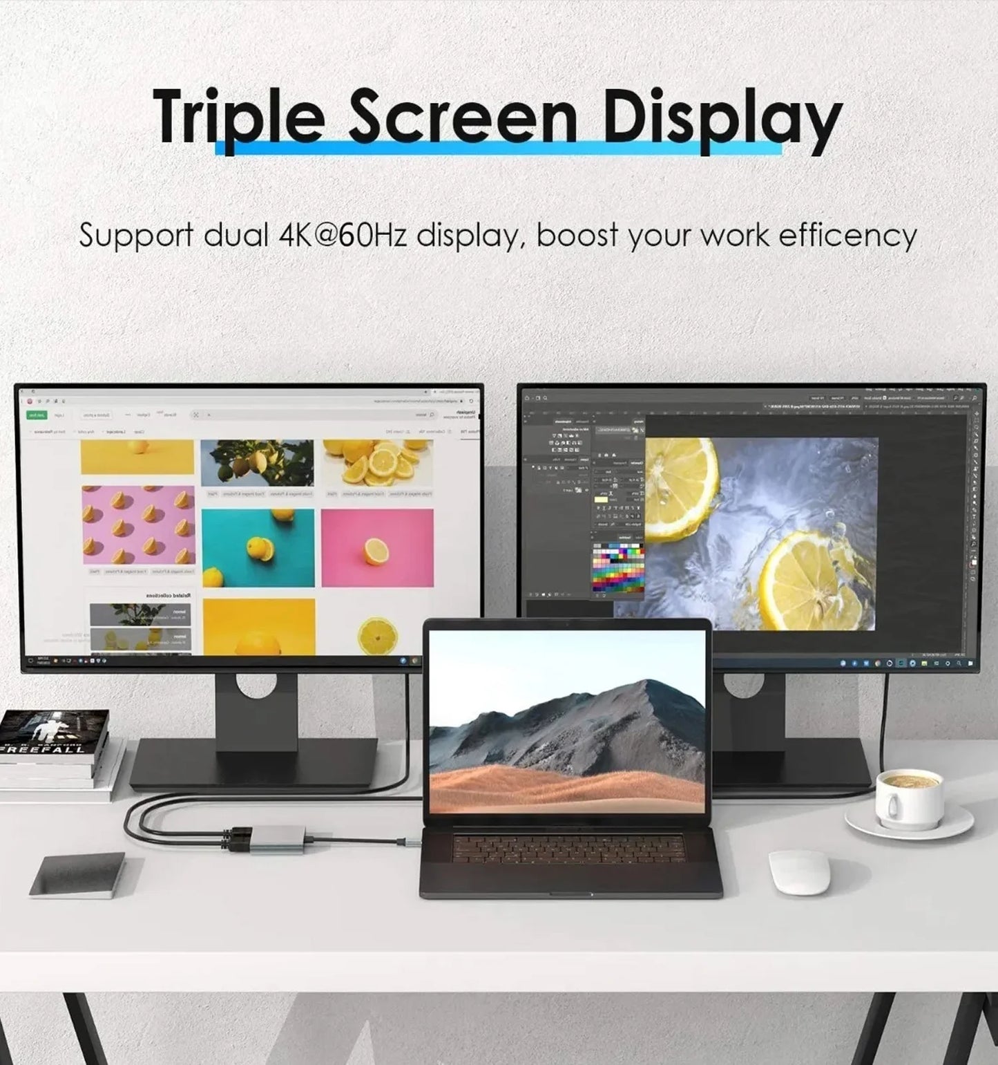 USB C to Dual HDMI Adapter, 2 in 1 USB C Dual HDMI Monitor Adapter 4K@60Hz,Usb C Hub to 2 HDMI Splitter Dual Monitors Adapter for Macbook/Chromebook Pixel/Lenovo/Surface