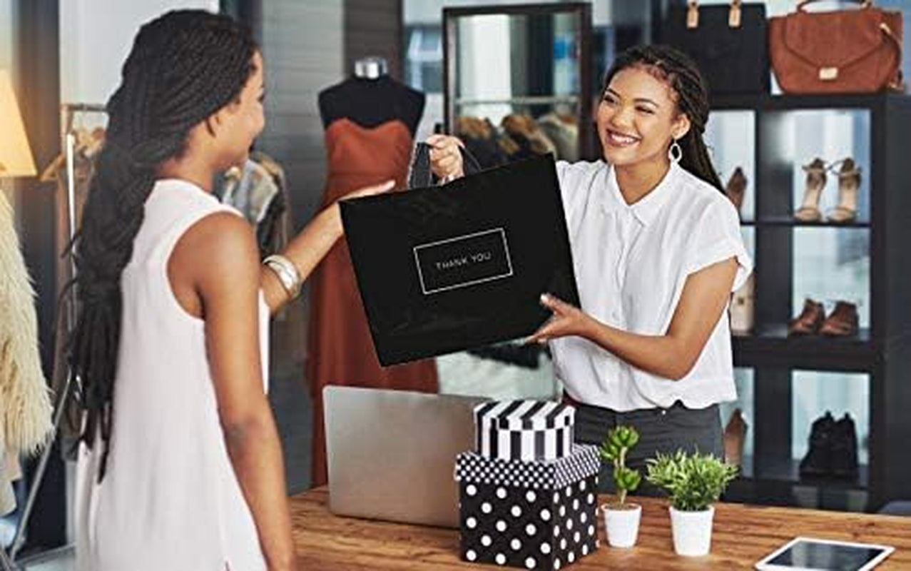 Thank You Bags for Business Black Plastic Bags 50 Pack with Soft Loop Handle Thank You Shopping Bags