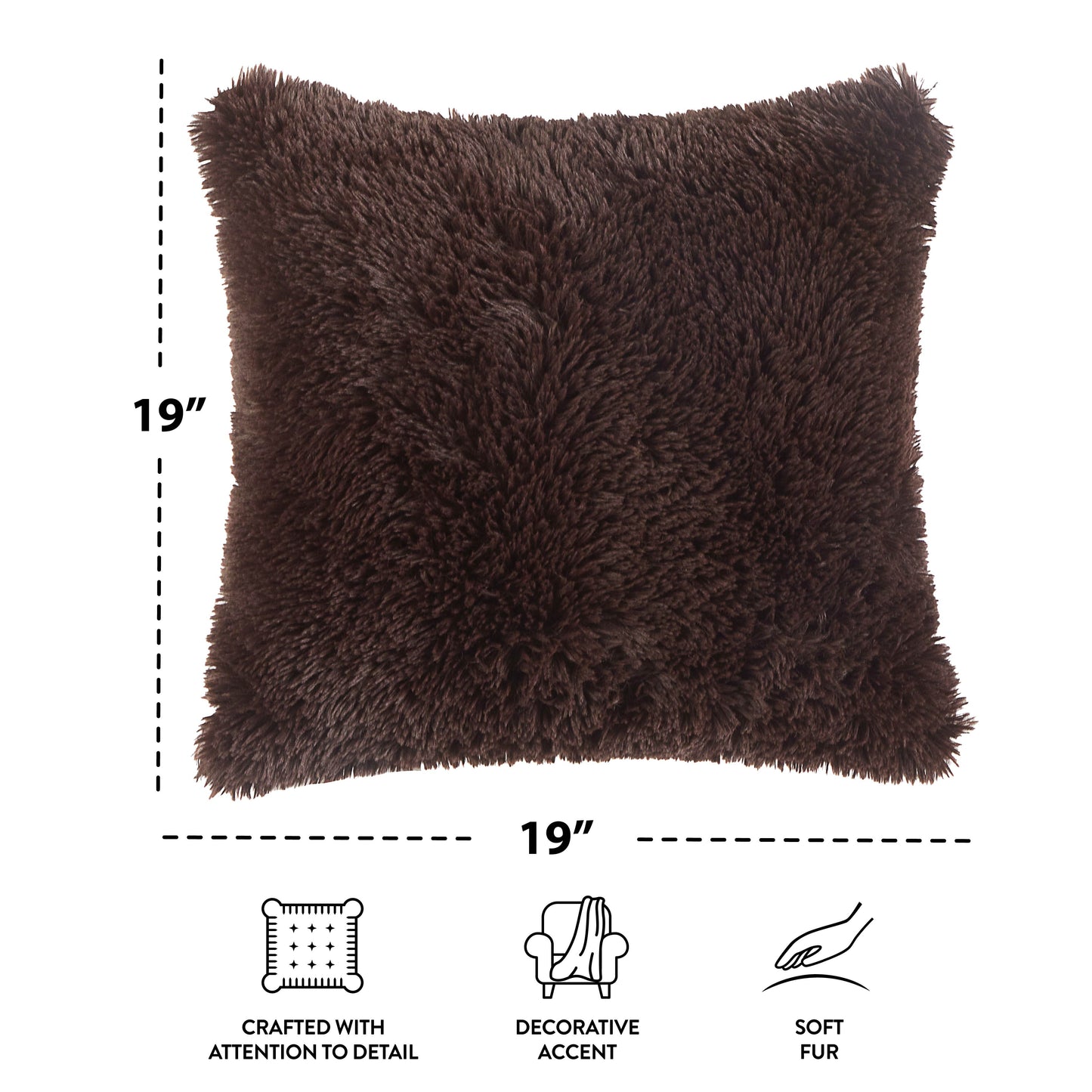 Super Lux Shag Faux Fur Brown Pillow, 19 in X 19 In, Square