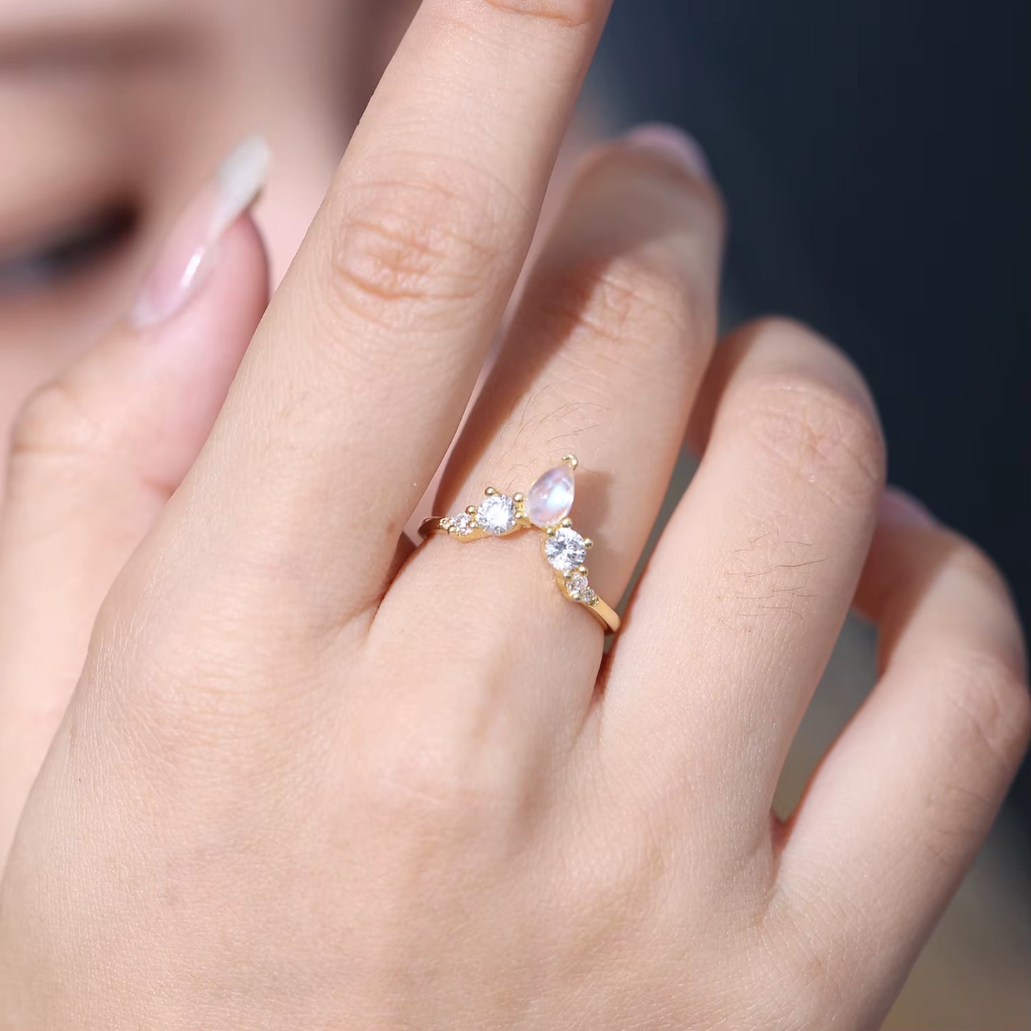 June Birthstone Natural Rainbow Moonstone Wedding Band Rings 925 Sterling Silver V Shape Chevron Gold Ring