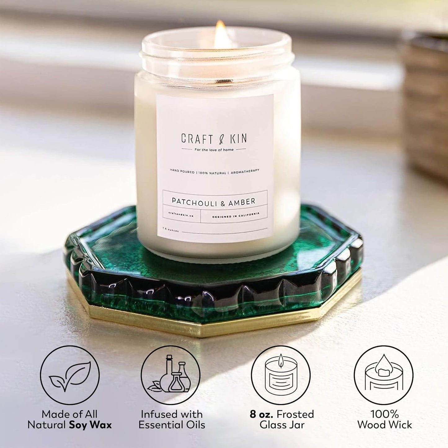 Patchouli & Amber Scented Candle | 8 Oz 45 Hour Long Lasting | Classic Soy Spring Scented Candles Wood Wick | Made with Natural Soy | Gifts for Men and Women