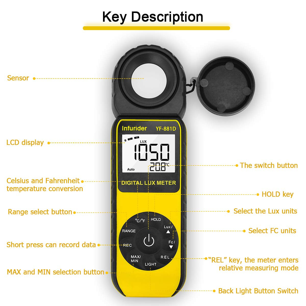 Light Meter Lux Meter YF-881D, Digital Illuminance Meter with Ambient Temp and Lighting Measures to 400,000 Lux, Foot Candle Meter Photometer for Photography LED Plant Growing