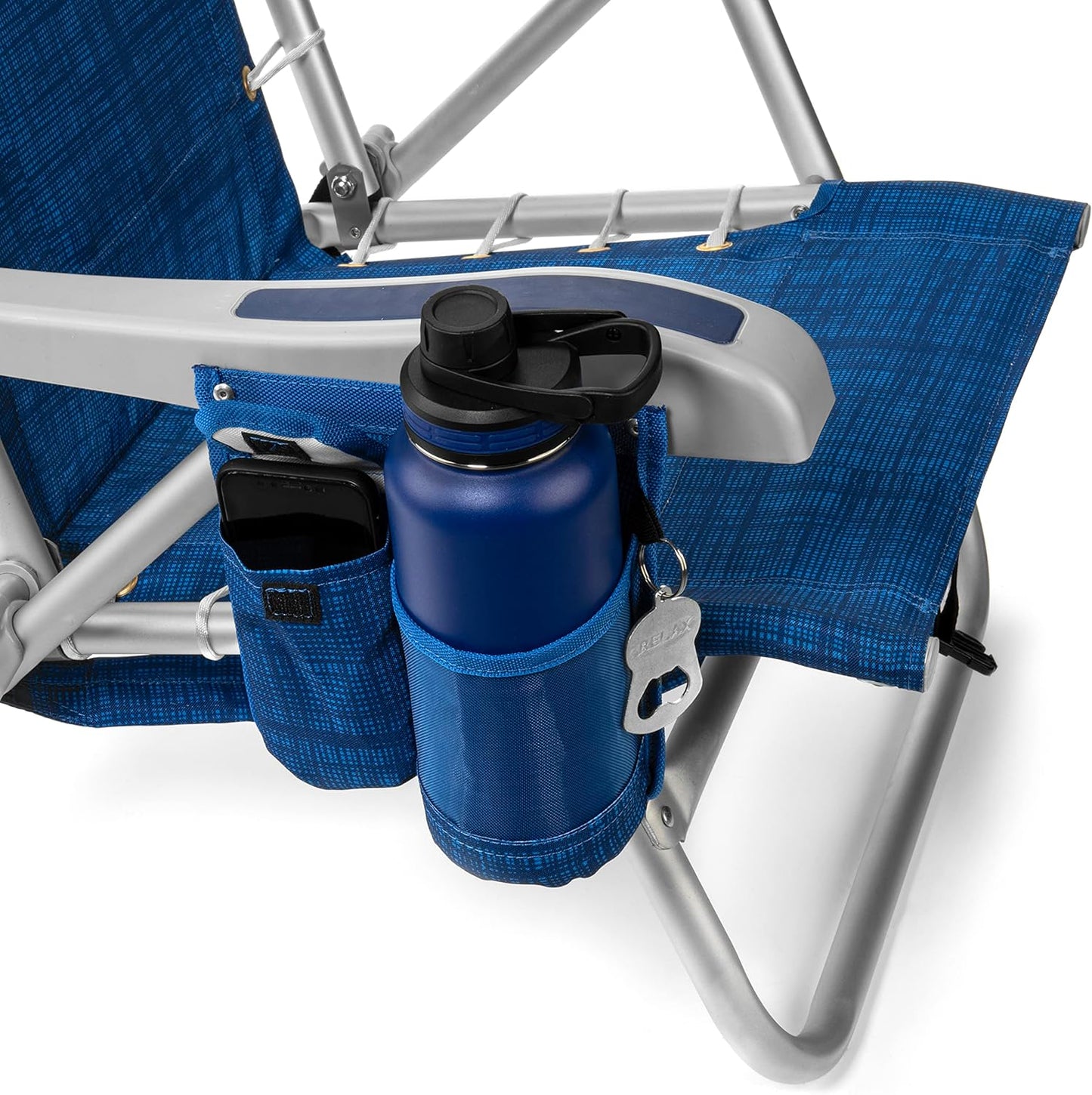 Backpack Fold-Up Beach Chair, 5 Positions, Towel Bar, Cooler, Storage Pouch, Cup Holder and Phone Pocket