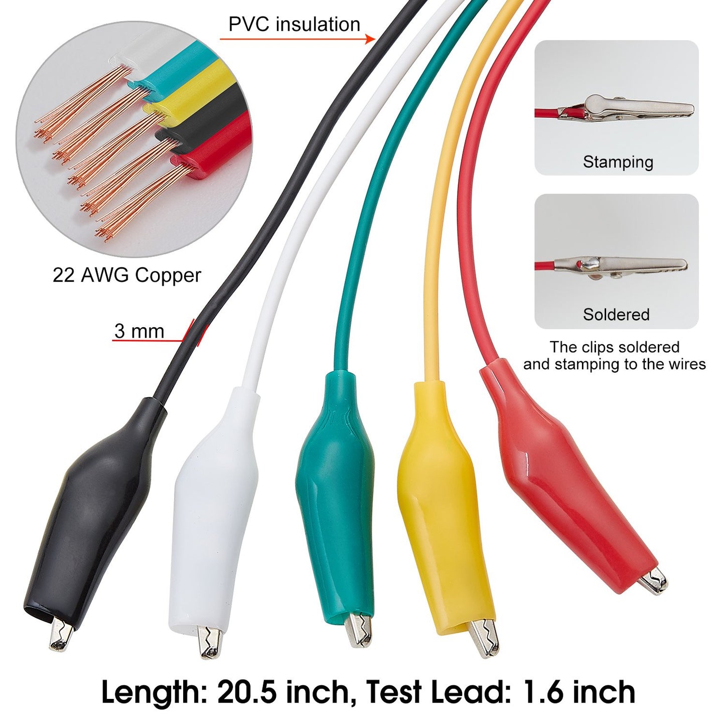 WG-026 10 Pieces and 5 Colors Test Lead Set & Alligator Clips,20.5 Inches / 22 AWG Wire (5 Pack)
