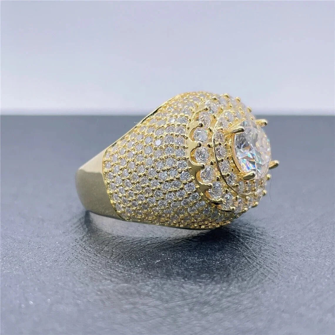 5Ct round Cut Moissanite Men Out Hip Hop Ring 14K Yellow Gold Plated