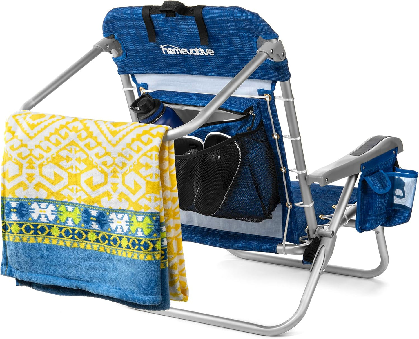 Backpack Fold-Up Beach Chair, 5 Positions, Towel Bar, Cooler, Storage Pouch, Cup Holder and Phone Pocket