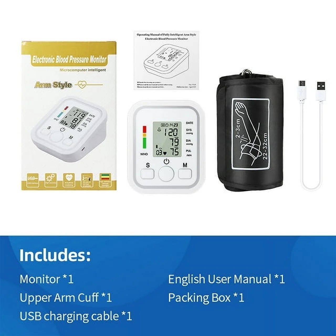 Blood Pressure Monitor Upper Arm Automatic Digital BP Monitor Adjustable Large Cuff, Monitoring Meter for Home Use