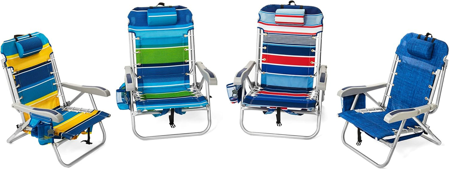 Backpack Fold-Up Beach Chair, 5 Positions, Towel Bar, Cooler, Storage Pouch, Cup Holder and Phone Pocket
