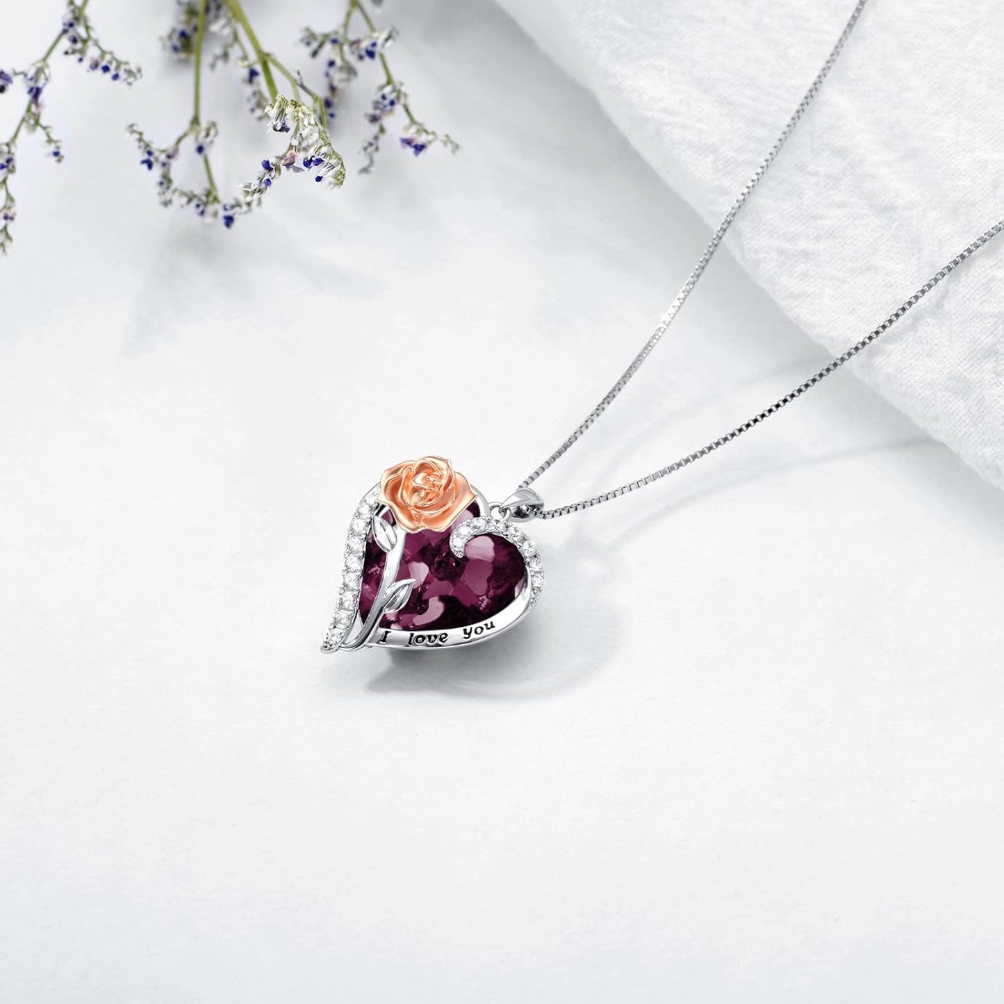 Rose Flower Birthstone Necklace 925 Sterling Silver Heart Crystal Pendant I Love You Jewelry Anniversary Birthday Mothers Day Gifts for Her Mom Wife Girlfriend
