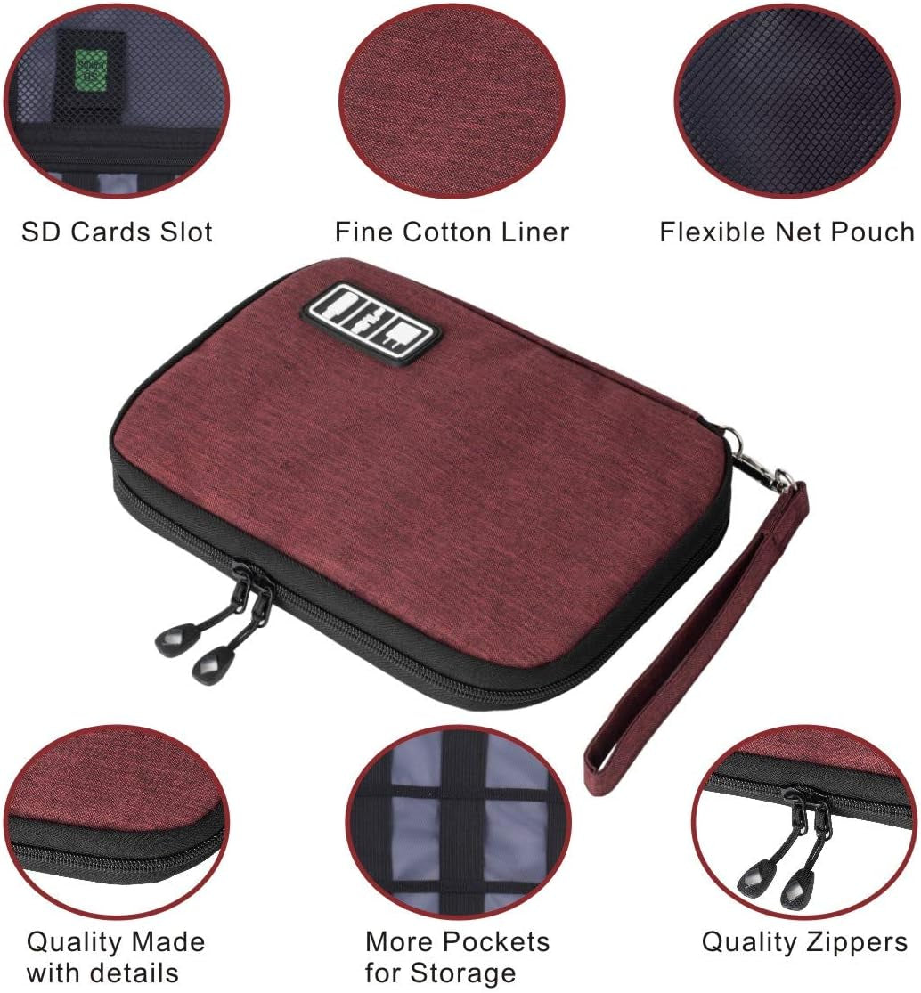 Travel Cable Organizer Bag Waterproof Portable Electronic Accessories Organizer for USB Cable Cord Phone Charger Headset Wire SD Card with 5Pcs Cable Ties(Red)