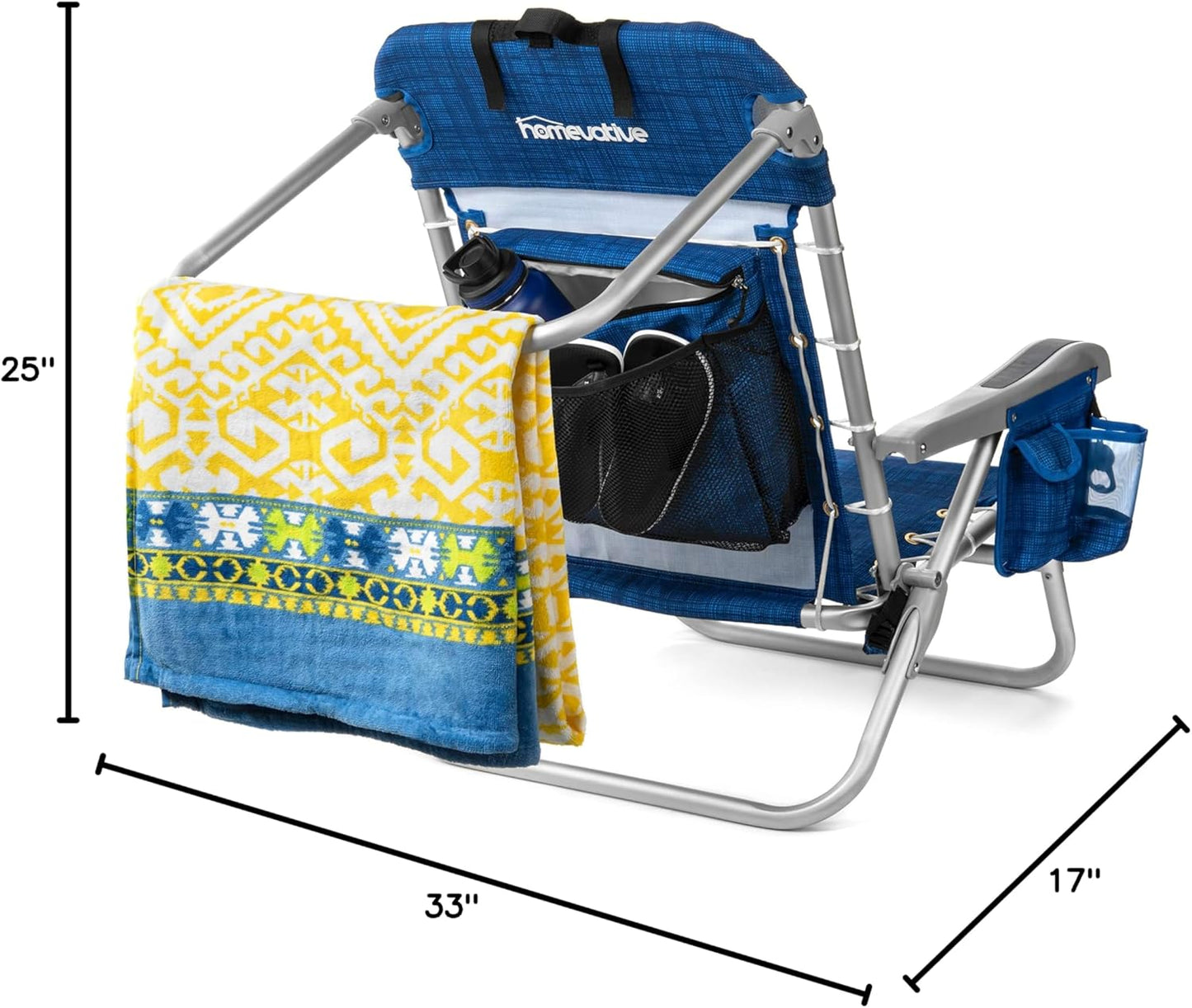 Backpack Fold-Up Beach Chair, 5 Positions, Towel Bar, Cooler, Storage Pouch, Cup Holder and Phone Pocket