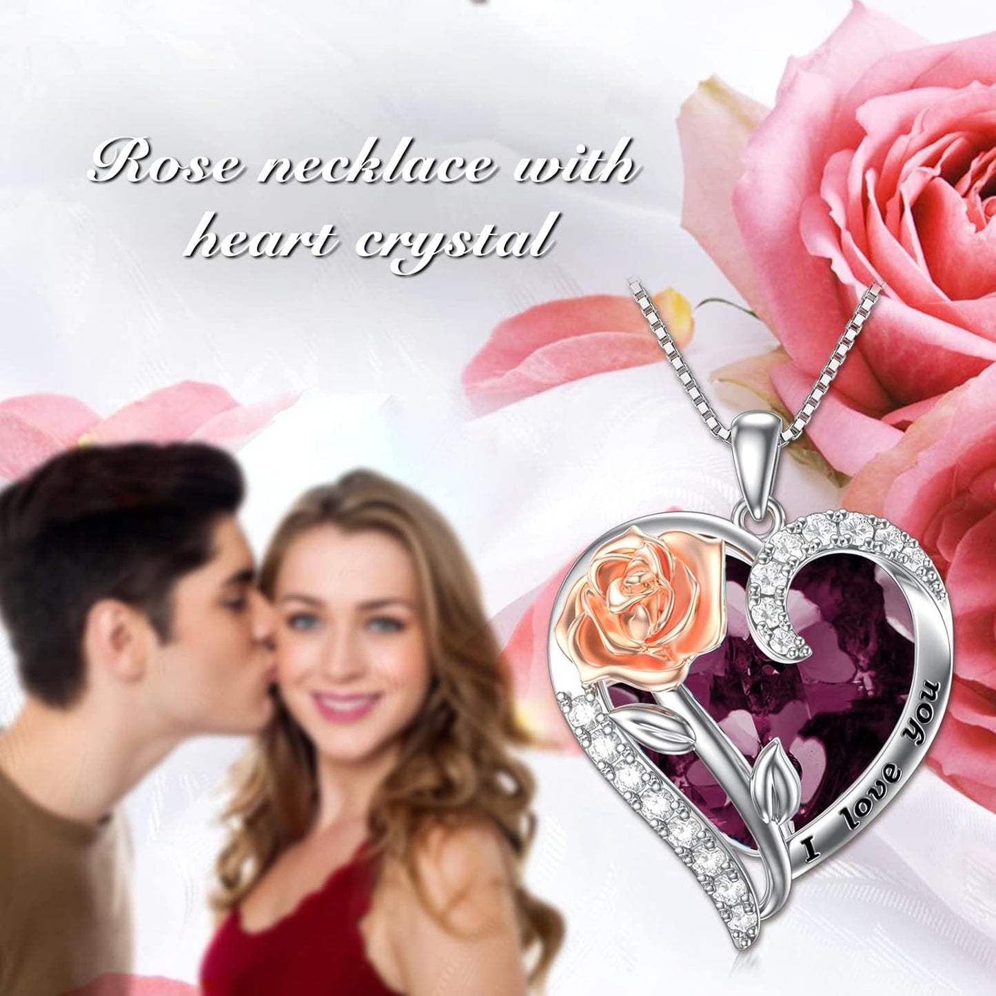 Rose Flower Birthstone Necklace 925 Sterling Silver Heart Crystal Pendant I Love You Jewelry Anniversary Birthday Mothers Day Gifts for Her Mom Wife Girlfriend