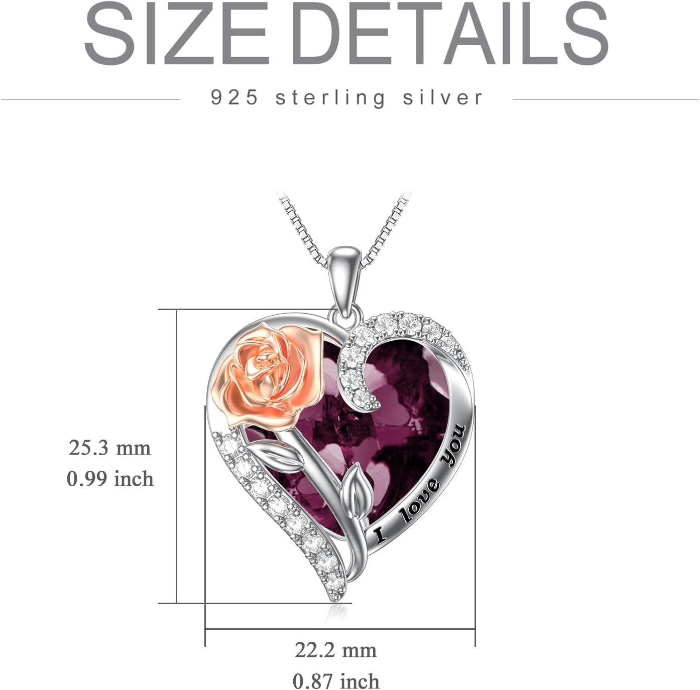 Rose Flower Birthstone Necklace 925 Sterling Silver Heart Crystal Pendant I Love You Jewelry Anniversary Birthday Mothers Day Gifts for Her Mom Wife Girlfriend