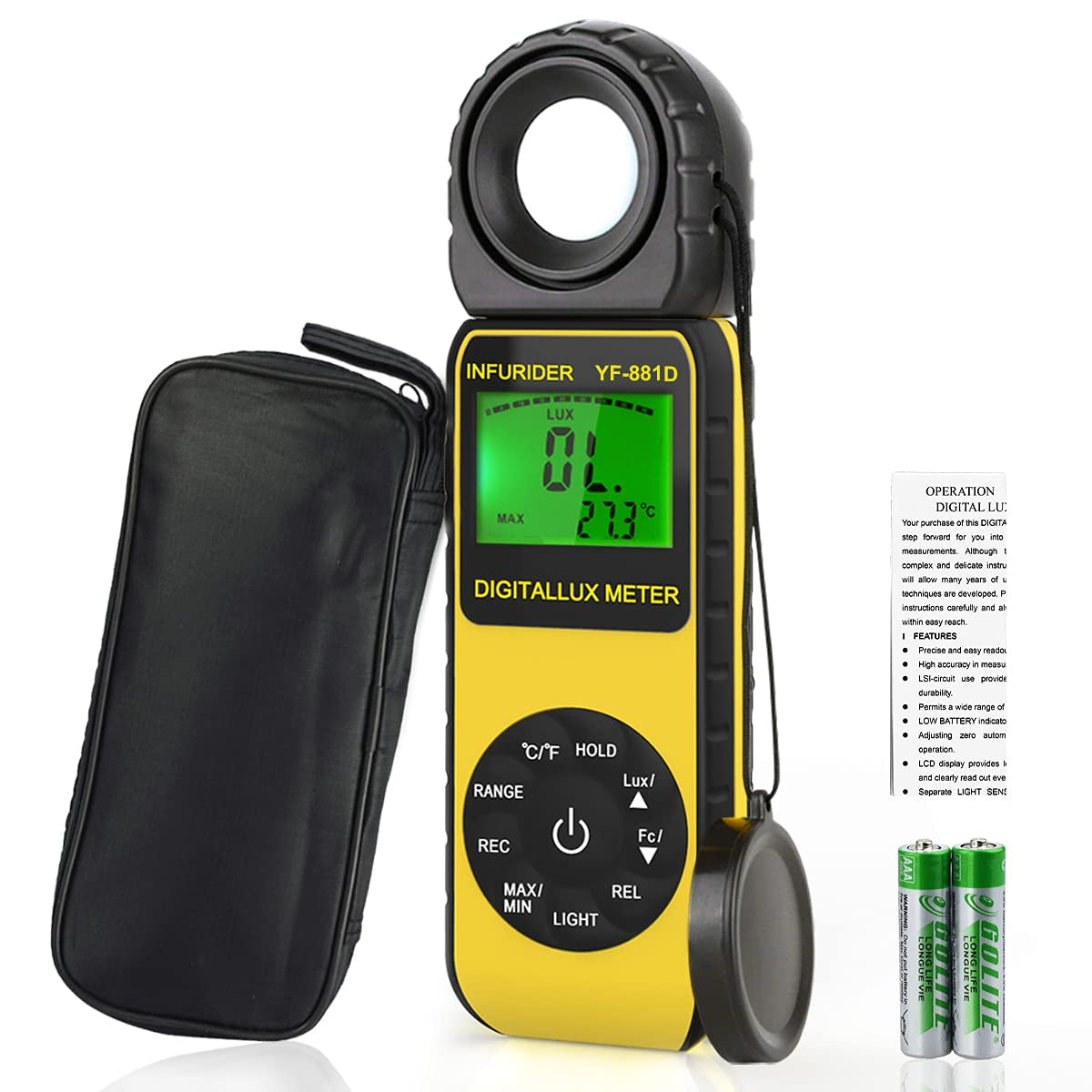 Light Meter Lux Meter YF-881D, Digital Illuminance Meter with Ambient Temp and Lighting Measures to 400,000 Lux, Foot Candle Meter Photometer for Photography LED Plant Growing