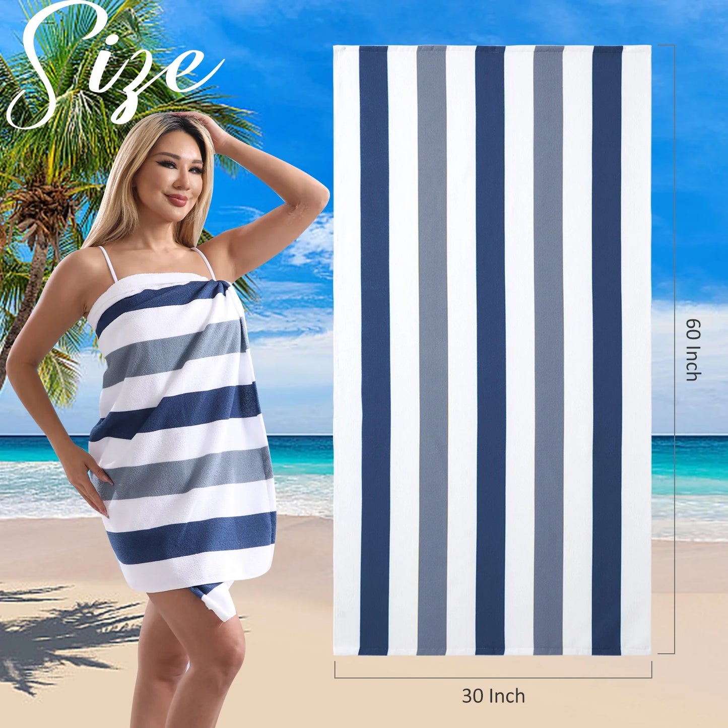 4 Pack Oversized Cabana Stripe Beach Towels, 60X30 Inches Microfiber Lightweight Outdoor Large Swim Towel for Adults (Navy Gray)