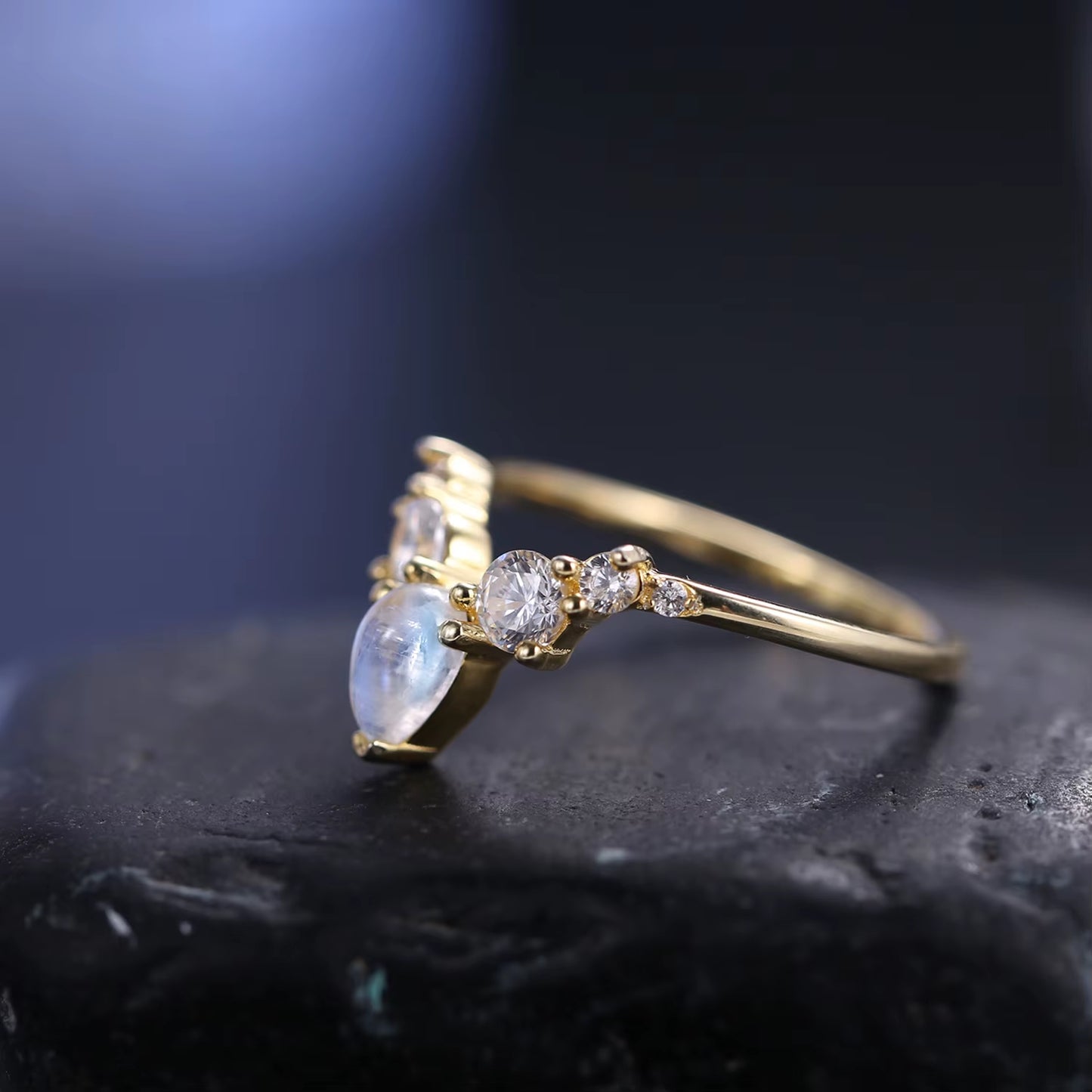 June Birthstone Natural Rainbow Moonstone Wedding Band Rings 925 Sterling Silver V Shape Chevron Gold Ring