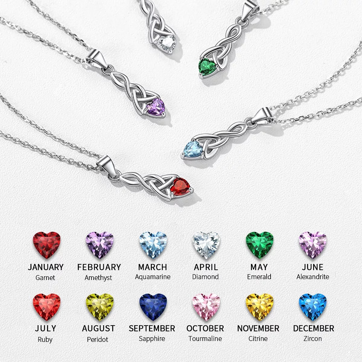 925 Sterling Silver Love Heart Necklaces Celtic Trinity Knot with Birthstones Pendant Necklace for Women Christmas Gift for Her
