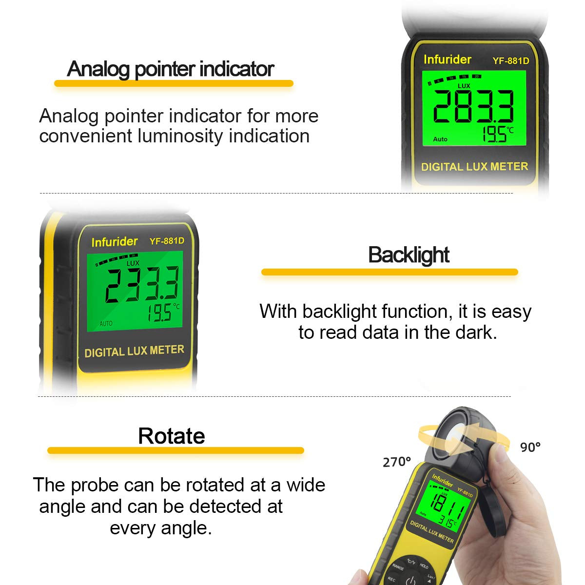 Light Meter Lux Meter YF-881D, Digital Illuminance Meter with Ambient Temp and Lighting Measures to 400,000 Lux, Foot Candle Meter Photometer for Photography LED Plant Growing