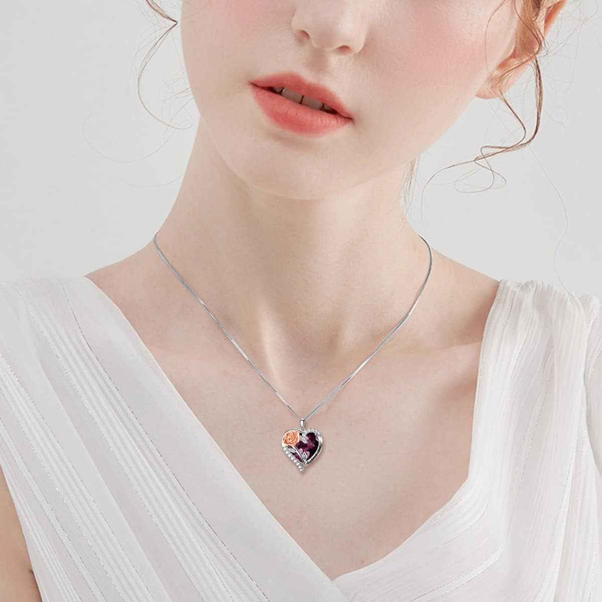 Rose Flower Birthstone Necklace 925 Sterling Silver Heart Crystal Pendant I Love You Jewelry Anniversary Birthday Mothers Day Gifts for Her Mom Wife Girlfriend