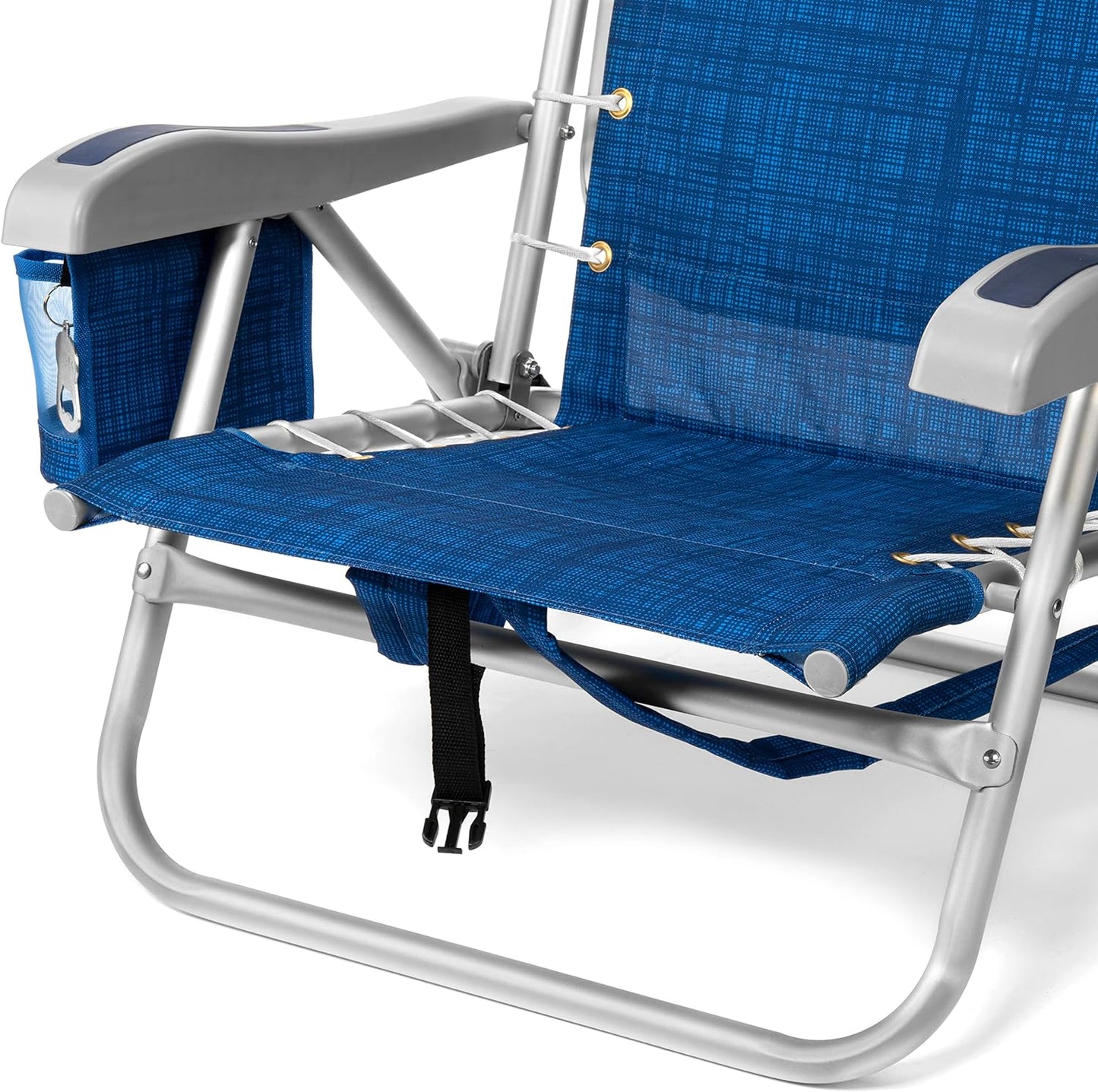 Backpack Fold-Up Beach Chair, 5 Positions, Towel Bar, Cooler, Storage Pouch, Cup Holder and Phone Pocket