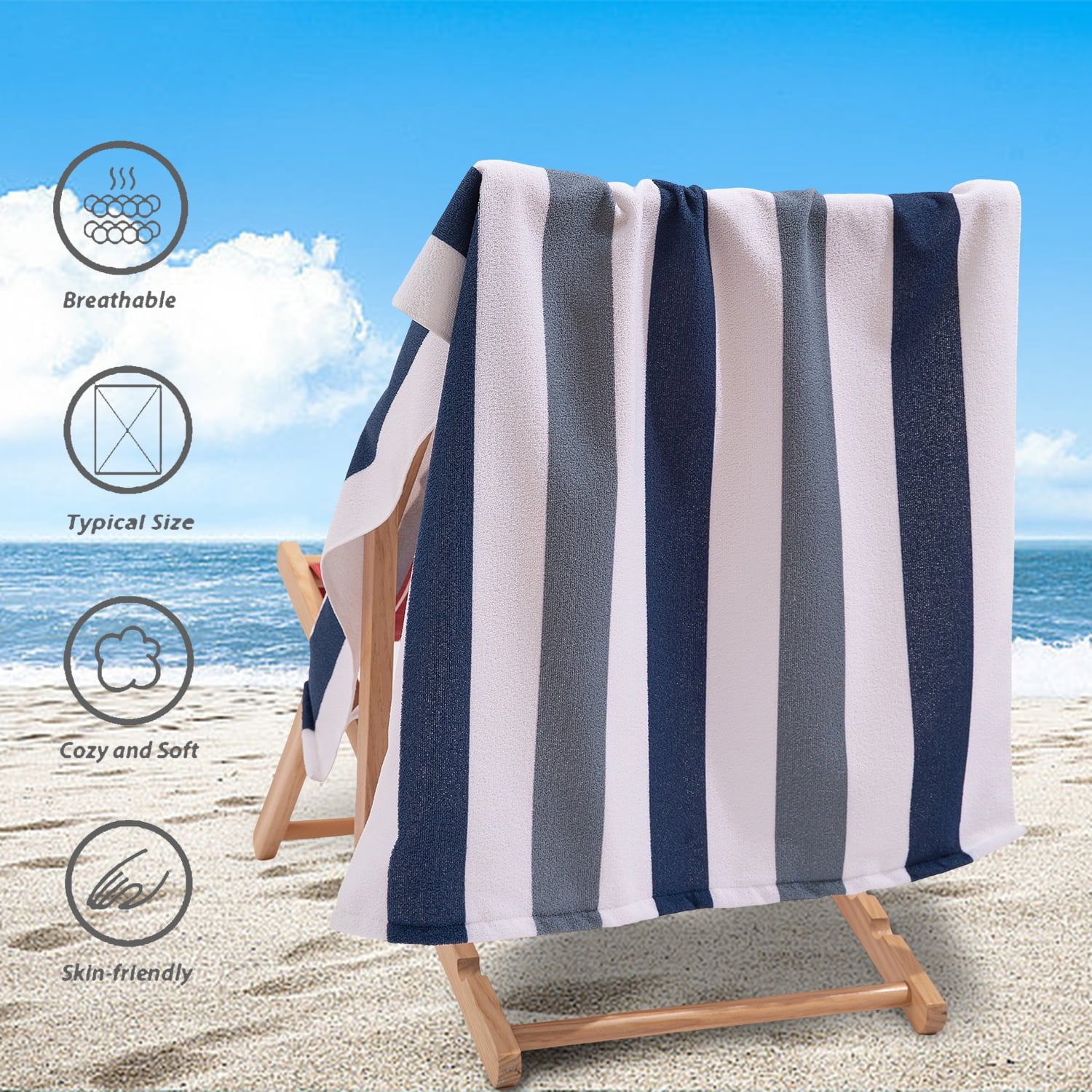 4 Pack Oversized Cabana Stripe Beach Towels, 60X30 Inches Microfiber Lightweight Outdoor Large Swim Towel for Adults (Navy Gray)