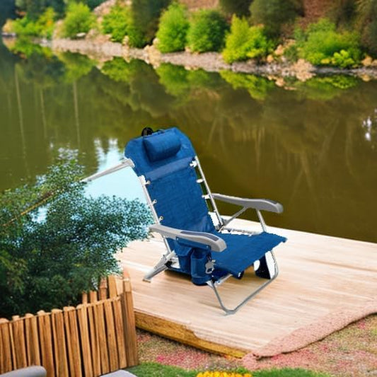 Backpack Fold-Up Beach Chair, 5 Positions, Towel Bar, Cooler, Storage Pouch, Cup Holder and Phone Pocket