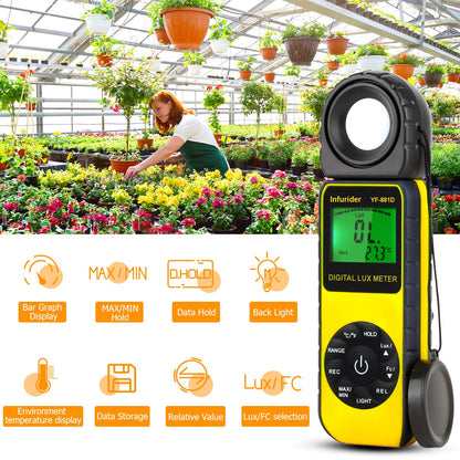 Light Meter Lux Meter YF-881D, Digital Illuminance Meter with Ambient Temp and Lighting Measures to 400,000 Lux, Foot Candle Meter Photometer for Photography LED Plant Growing