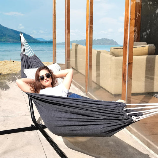 Cotton Hammock Portable Camping Hammocks for Hanging Sturdy Garden Comfortable Fabric Hammock with Tree Straps up to 660Lbs with Travel Bag for Camping Outdoor/Indoor Patio Backyard