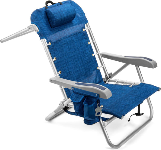 Backpack Fold-Up Beach Chair, 5 Positions, Towel Bar, Cooler, Storage Pouch, Cup Holder and Phone Pocket